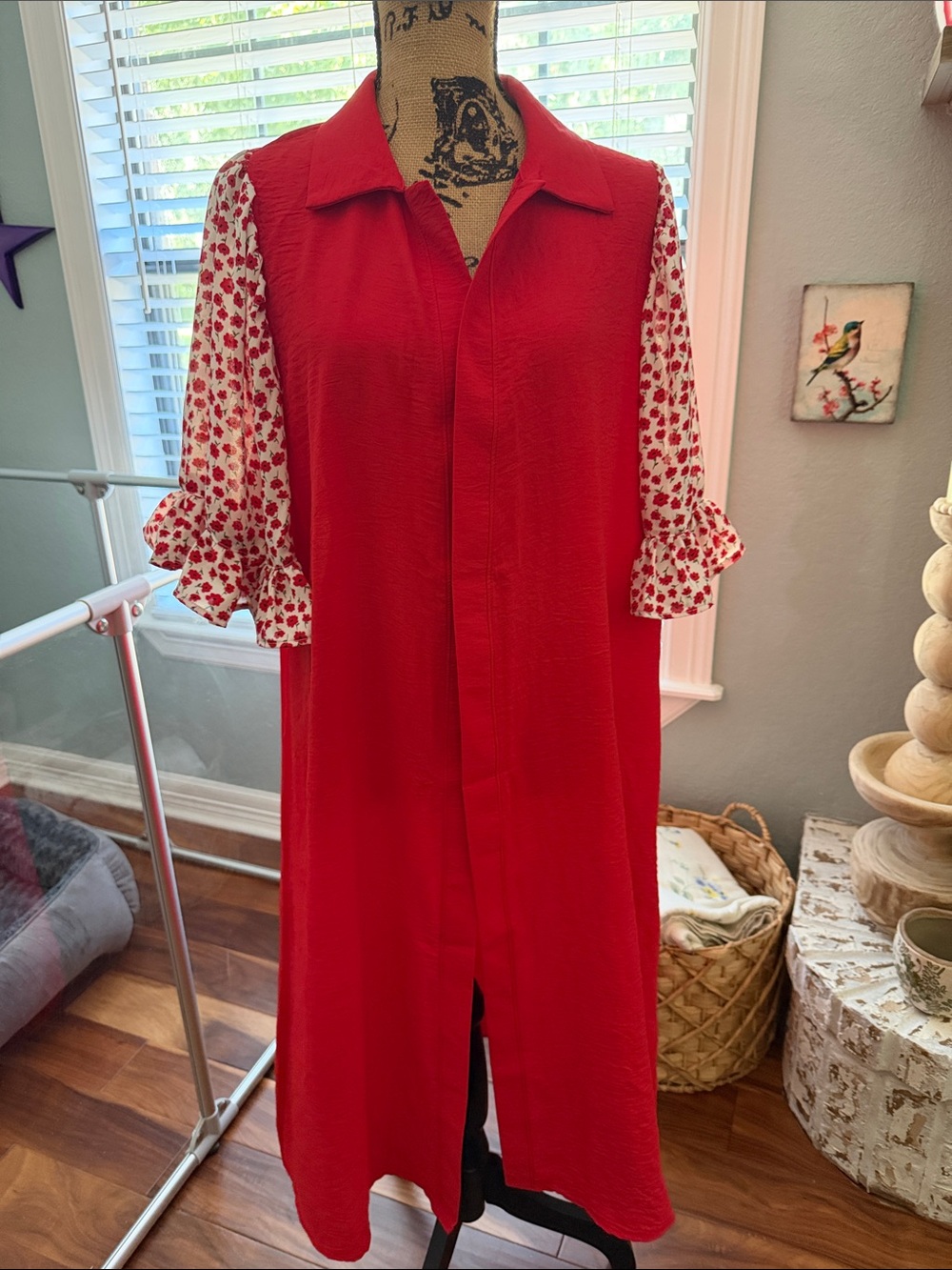 Red Midi Duster with Floral Bell Sleeves